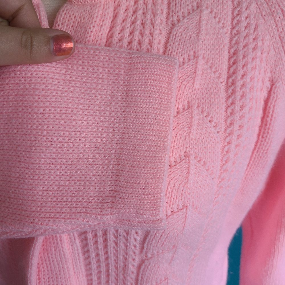 Volup vintage pink open knit crochet lace 1960s cardigan, fitted cardigan, paste - Picture 4 of 6